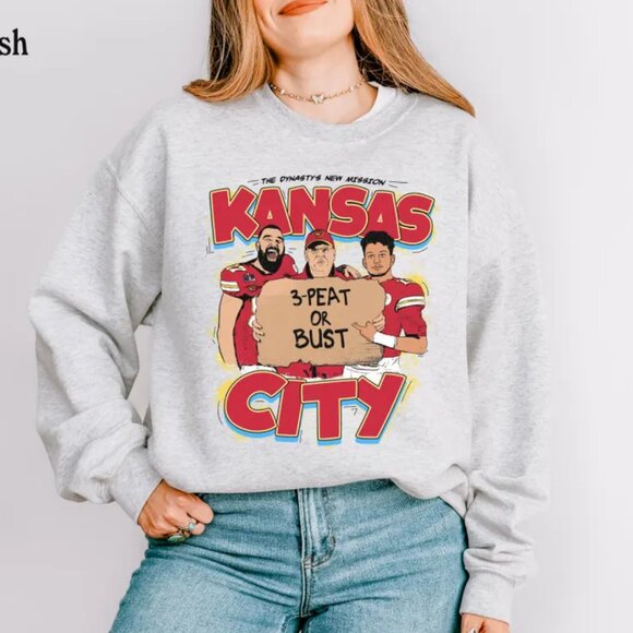 Kansas City Chiefs Sweatshirt 3-Peat Or Bust Retro KC Chiefs Sweatshirt Shirt - Picture 2 of 3